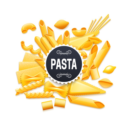 Italian traditional dry pasta varieties pictogram for product package label title or advertisement background realistic vector illustrationのイラスト素材