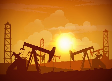 Silhouette of an oilfield derrick industrial machine for drilling at sunset background vector illustrationのイラスト素材