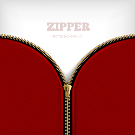Zipper background blank with golden metallic half open zipper with black edging sewn to red fabric vector illustrationのイラスト素材