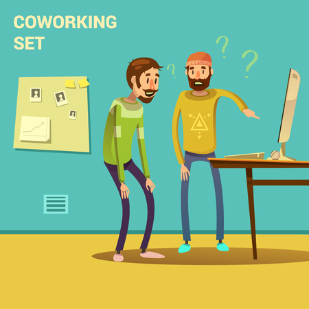 Coworking set with problem solving and solution symbols cartoon vector illustrationのイラスト素材