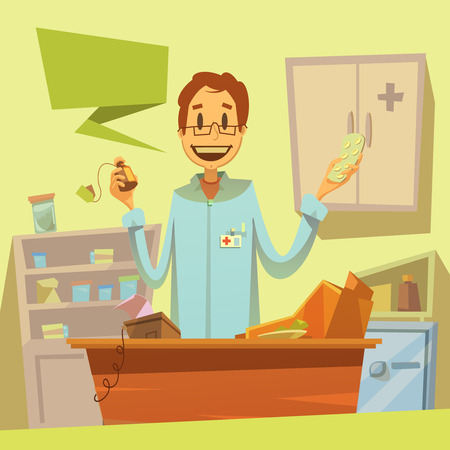 Pharmacy salesman background with different types of medicines cartoon vector illustrationのイラスト素材