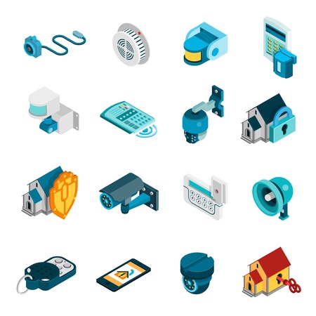 Security system isometric icons set with alarm and camera symbols isolated vector illustrationのイラスト素材