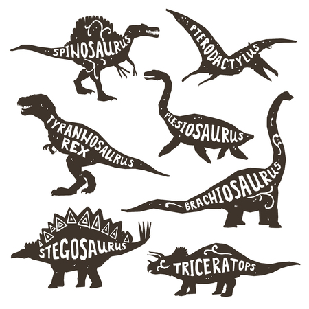 Dinosaurs black silhouettes set with lettering pterodactyl plesiosaur spinosaurus tyrannosaurus triceratops on white background isolated vector illustrationのイラスト素材