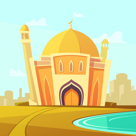 Mosque building with lawn by the river near the city cartoon vector illustrationのイラスト素材