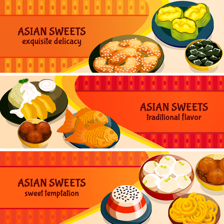Asian sweets horizontal banners set with traditional flavor of exquisite delicacies isolated vector illustrationのイラスト素材