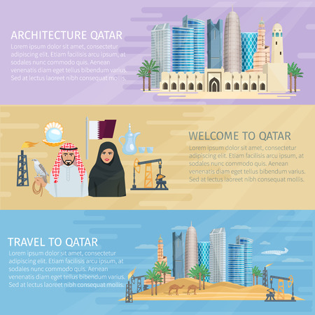 Qatar horizontal banner set with national landscapes and people in costumes on the sand background vector illustrationのイラスト素材