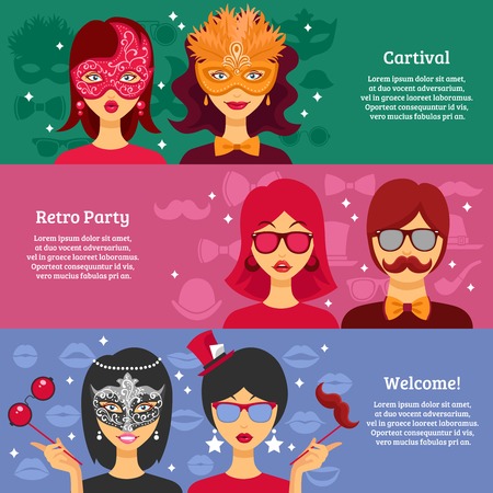 Three horizontal banners for retro party and carnival advertising with people in decorative masks and masquerade attributes elements flat vector illustrationのイラスト素材