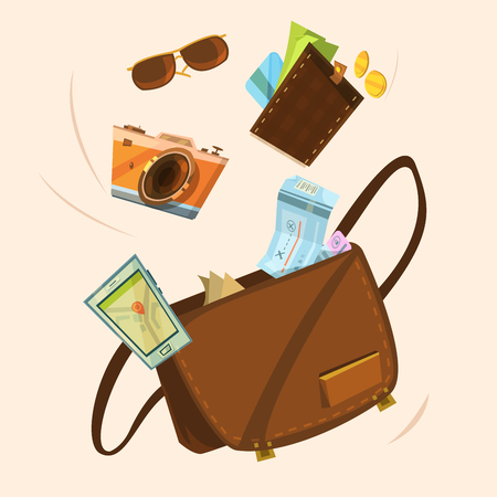 Tourist bag concept with money tickets and sunglasses cartoon vector illustrationのイラスト素材