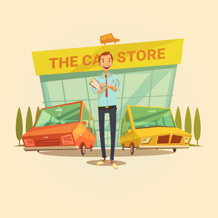 Car dealer and car store cartoon concept with different types of cars vector illustrationのイラスト素材