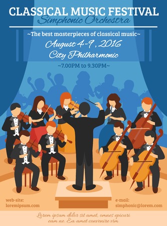 Classical music festival flat poster with musicians of symphonic orchestra and conductor vector illustrationのイラスト素材