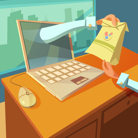 Online doctor concept with laptop medicine and hands cartoon vector illustrationのイラスト素材