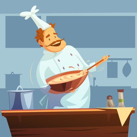 Cooking workshop with chef mixing ingredients  in a bowl cartoon vector illustrationのイラスト素材