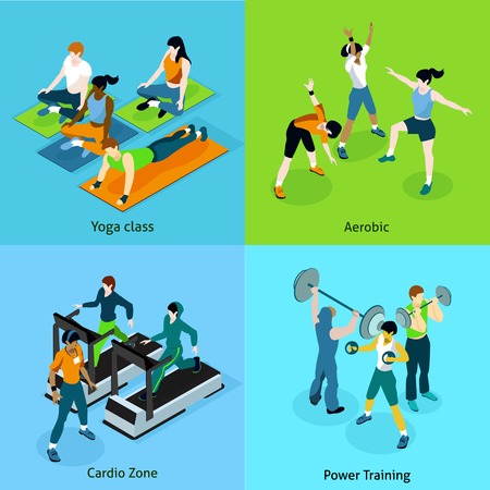 Fitness aerobic isometric icons set with description women on yoga class aerobic cardio zone and mans on power training vector illustrationのイラスト素材