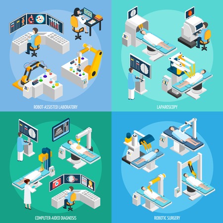 Medical robots 2x2 design concept set of robot assisted laboratory equipment for computer diagnostic laparoscopic operation and robotic surgery isometric vector illustrationのイラスト素材
