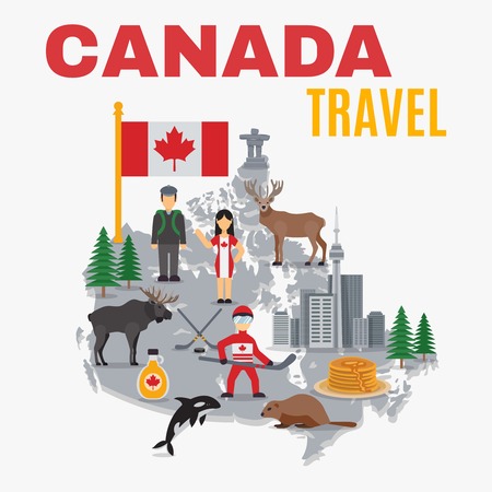 Decorative map canada poster with flag national food hockey skyscrapers and spruces on white background vector illustrationのイラスト素材