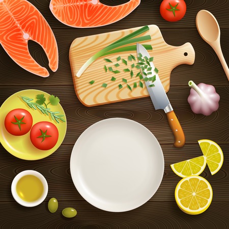 Cooking fish dish flat lay photo composition with chopped young onion on cutting board dark background vector illustrationのイラスト素材