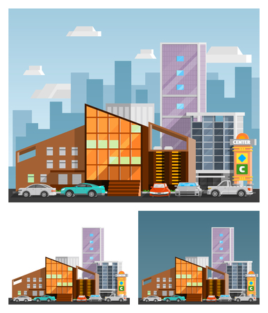 Shopping mall building  orthogonal compositions set with signboard flat isolated vector illustrationのイラスト素材