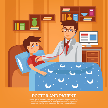 Doctor practitioner in white coat with stethoscope attending sick schoolboy at home poster flat abstract vector illustrationのイラスト素材