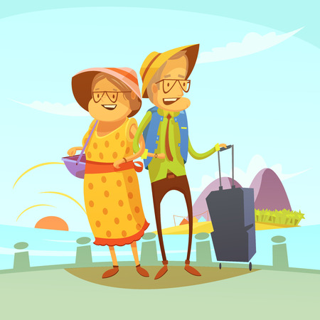 Senior couple traveling background with suitcase and sights cartoon vector illustrationのイラスト素材