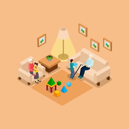 Grandparents babysitting playing with children home isometric banner with boy and girl abstract vector illustrationのイラスト素材