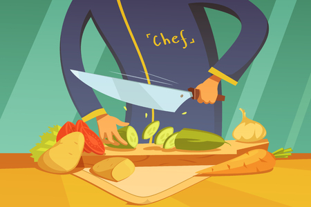 Chef slicing vegetables background with potato tomato cucumber and carrot cartoon vector illustrationのイラスト素材