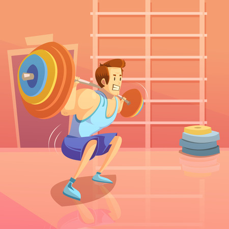 Gym and weightlifting background with man lifting a barbell cartoon vector illustrationのイラスト素材