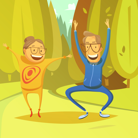 Senior people and gymnastics background with forest and field cartoon vector illustrationのイラスト素材