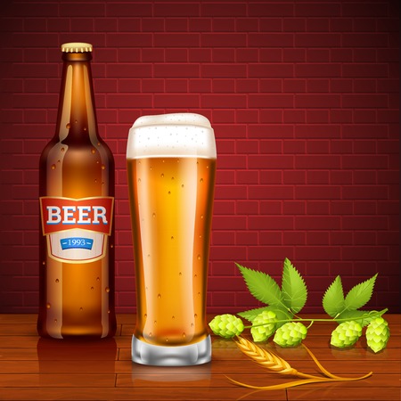 Design concept with beer bottle full glass of lager spike of barley and hop cones on brick wall background vector illustrationのイラスト素材