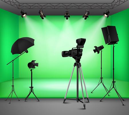 Realistic green screen studio interior with floodlight kit umbrella camera and softbox vector illustrationのイラスト素材
