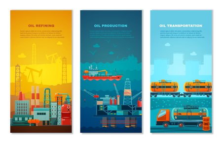 Petroleum industry vertical banners set with manufacture extracting platform truck and cisterns at railway isolated vector illustrationのイラスト素材