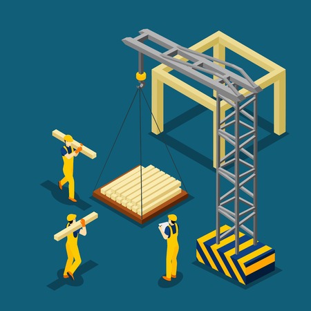 Construction project beginning with wooden frame isometric banner builders and crane at work abstract vector illustrationのイラスト素材