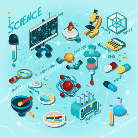Science isometric flowchart with research experiment and idea symbols vector illustrationのイラスト素材