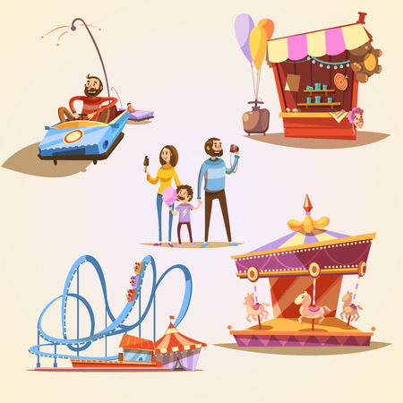 Amusement park cartoon set with retro style attractions isolated vector illustrationのイラスト素材