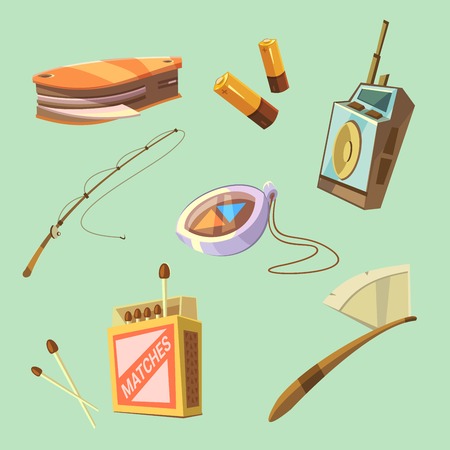 Hiking equipment set with axe matches and knife on green background isolated vector illustrationのイラスト素材