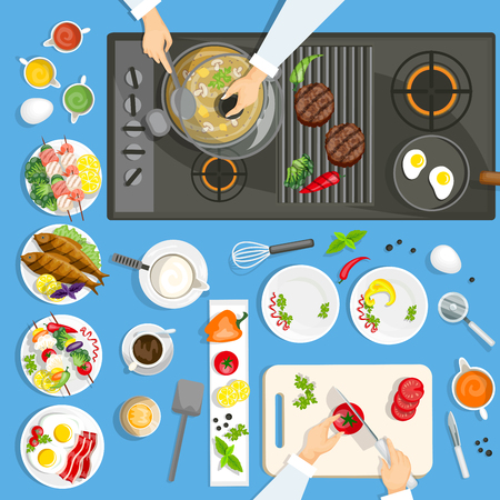 Dishes and utensils on the kitchen top view with cooking surface vector illustrationのイラスト素材