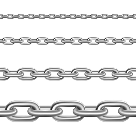 Stainless metal broad and thin steel realistic chains fragments collection for decoration and construction isolated vector illustrationのイラスト素材