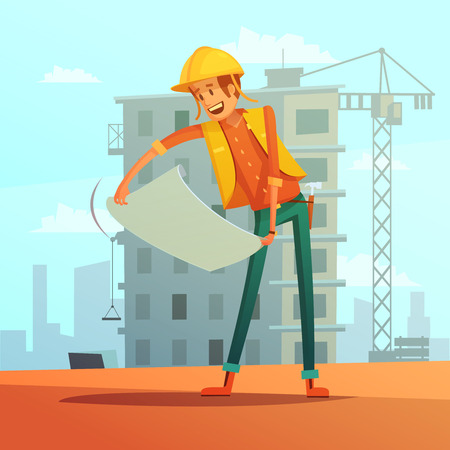 Builder and building plan cartoon background with house and crane vector illustrationのイラスト素材