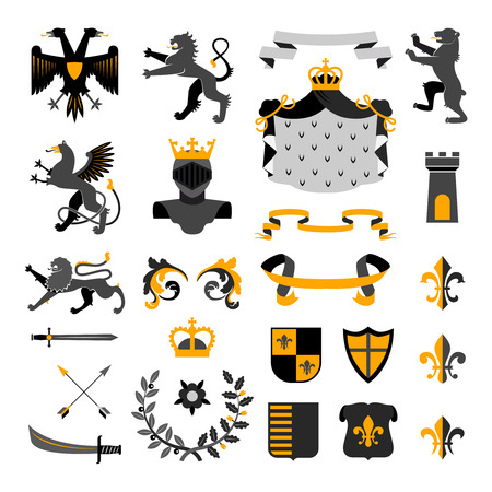 Heraldic royal symbols emblems design and coat of arms elements collection golden black abstract isolated vector illustrationのイラスト素材