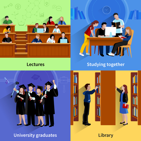Students 2x2 flat color design concept with young people studying in library in auditorium and group of university graduates vector illustrationのイラスト素材