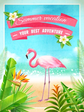 Exotic beach paradise vacation advertisement poster with pink flamingo bird and tropical plants foliage abstract vector illustrationのイラスト素材