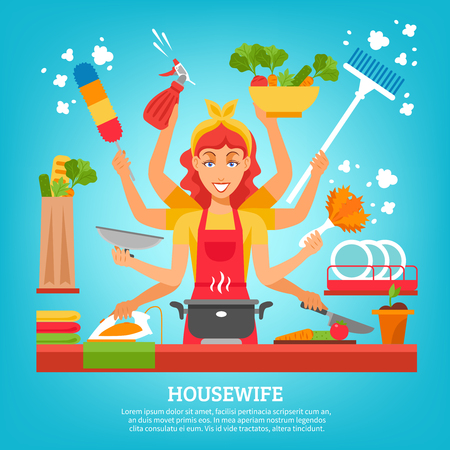 Multitasking housewife with women in apron with eight hands holding different items for home work flat vector illustrationのイラスト素材