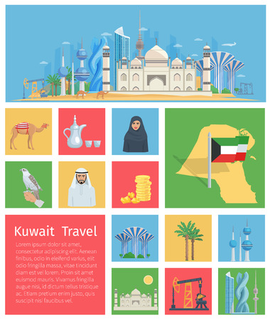 Set of flat color icons showing kuwait landmarks and culture vector illustrationのイラスト素材