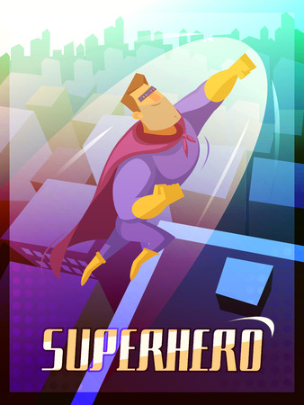 Superhero cartoon poster with big city and flying super hero vector illustrationのイラスト素材