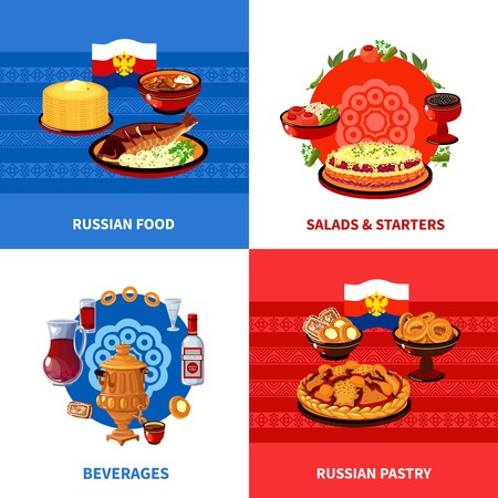 Russian traditional food concept 4 flat icons square composition banner with salads and starters abstract isolated vector illustrationのイラスト素材