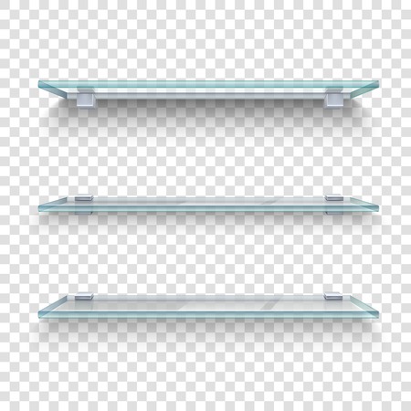 Three alike glass shelves on transparent grey and white plaid background realistic vector illustrationのイラスト素材
