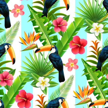 Tropical rainforest plants with toucan bird of paradise and hibiscus flowers seamless decorative design abstract vector illustrationのイラスト素材
