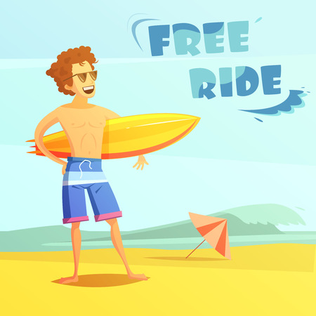 Surfing free ride with surfer holding surfboard on beach flat retro cartoon vector illustrationのイラスト素材