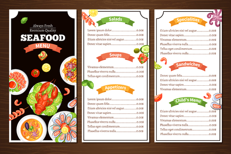 Compact color menu for seafood cafe or restaurant with wood background with title group of meal vector illustrationのイラスト素材