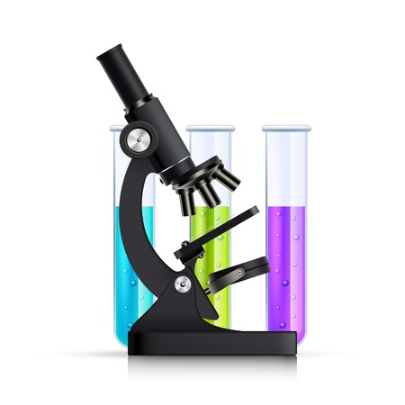 Scientific chemical research lab equipment black microscope side view with 3 colorful test tubes realistic vector illustrationのイラスト素材