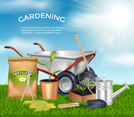 Gardening tools on green grass design concept set in sunlight at blue sky background vector illustrationのイラスト素材